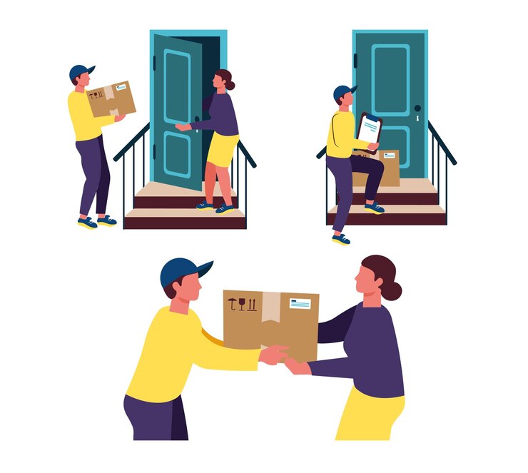 Vector courier at the door of the client the client is waiting for the parcel at the door delivering the parcel to the door