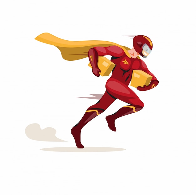 Courier express mascot hero, superhero courier running fast carrying package deliver to customer in cartoon flat illustration vector isolated