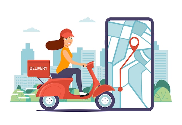 Courier girl on scooter makes fast delivery. Vector illustration.