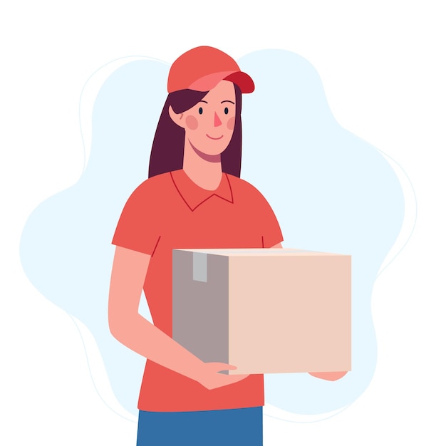 Courier girl who brought the box. Safe delivery of the order from the delivery service.
Vector in flat style isolated on white background