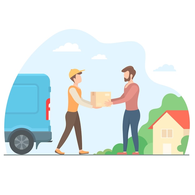 Courier gives the box to the customer online shopping flat modern illustration