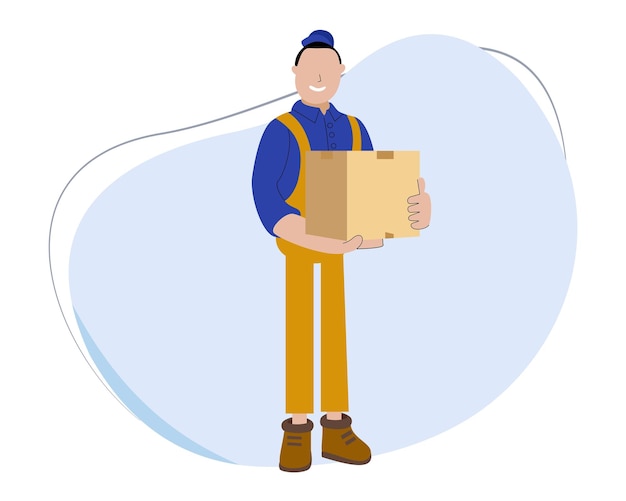 courier holding cardboard package. goods delivery courier flat design illustration