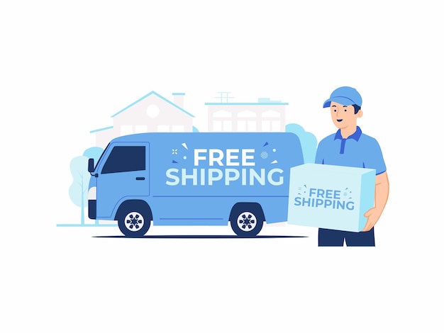 Vector courier holding cardboard parcel box delivers the package from online shopping express and fast free shipping delivery to house with delivery truck behind concept illustration