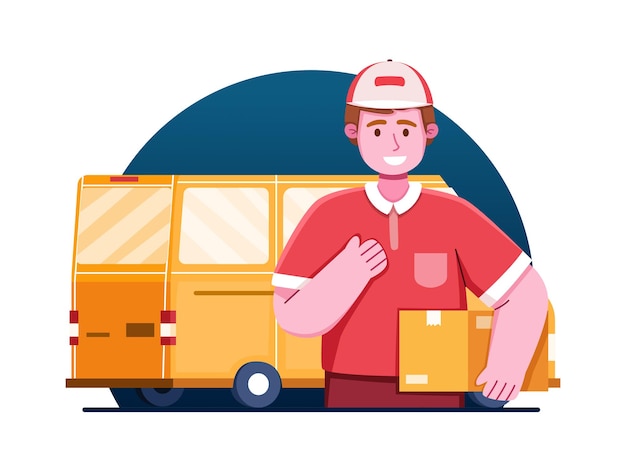 Vector courier holding a parcel and deliver the parcel with van. logistics worker and courier loading