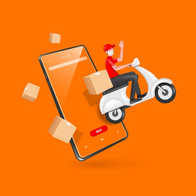 Vettore il corriere sta guidando una moto o uno scooter galleggia fuori dallo smartphone e ci sono scatole di pacchi che fluttuano nell'aria intorno allo smartphone per la consegna e lo shopping online conceptvector 3d