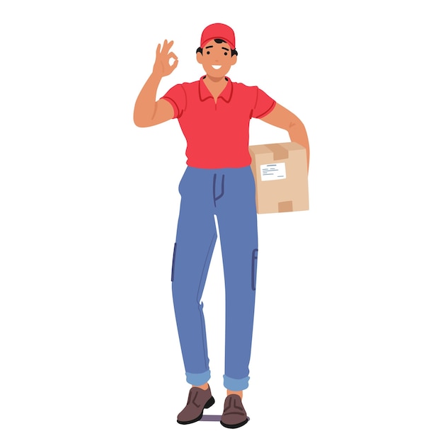 Vector courier male character confidently displays an ok gesture while holding a parcel ensuring a secure and successful delivery with a positive attitude cartoon people vector illustration