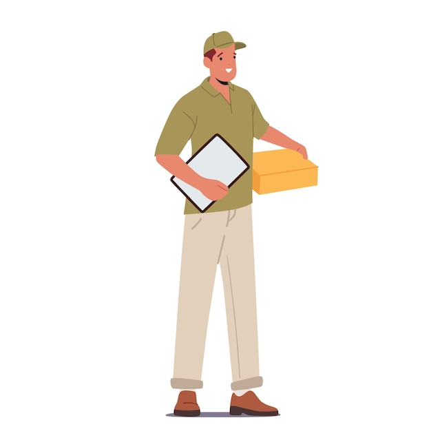 Vector courier male character wear uniform holding invoice and carton box delivery man with parcel hurry to client express delivery service isolated on white background cartoon people vector illustration