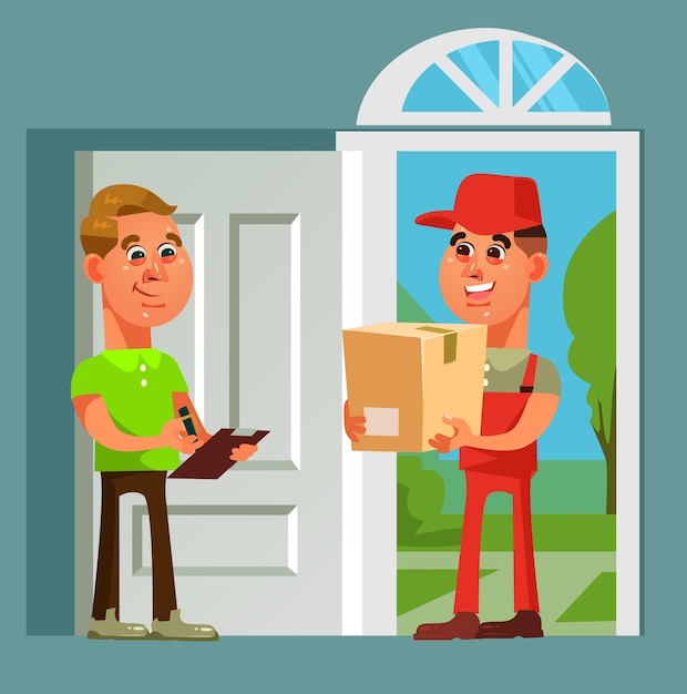 Courier man character brought parcel consumer. fast online shopping delivery cartoon illustration