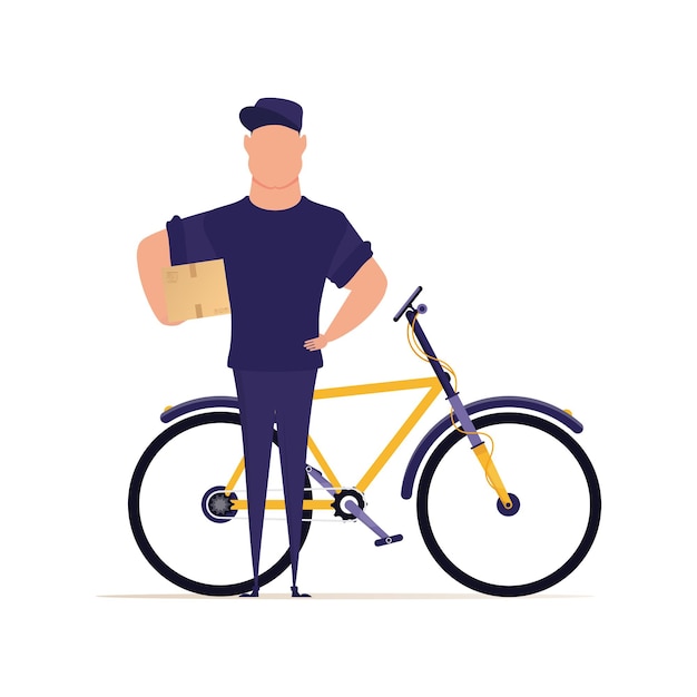 Vector courier man staat in de buurt van de fiets en houdt een doos levering concept geïsoleerd op een witte achtergrond vector illustratie
