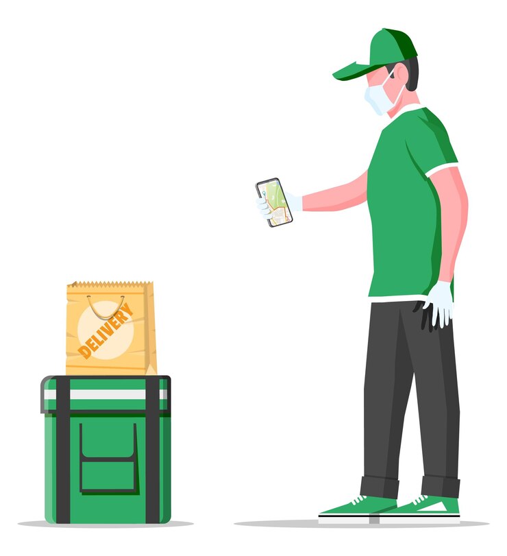 Vector courier in medical mask and gloves delivers orders