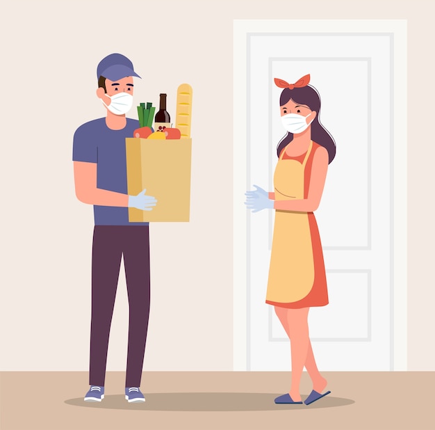 Courier in a medical mask  and gloves holding grocery bags near the apartment doorWoman in the mask receives food delivered flat style illustration