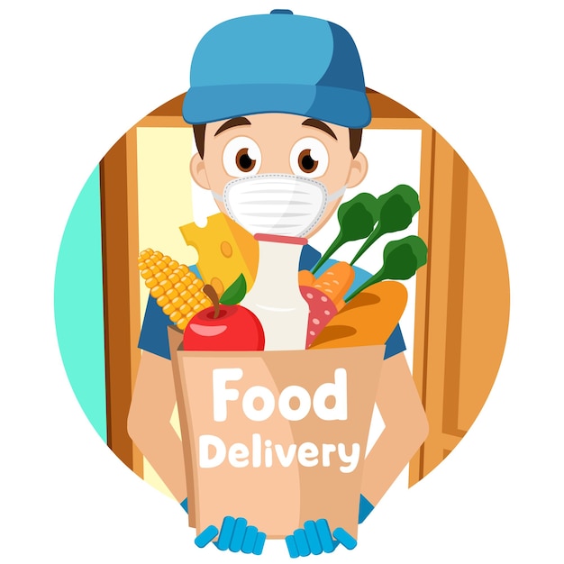 Courier in a medical mask and gloves at open doors, character. food delivery badge. ovid-19