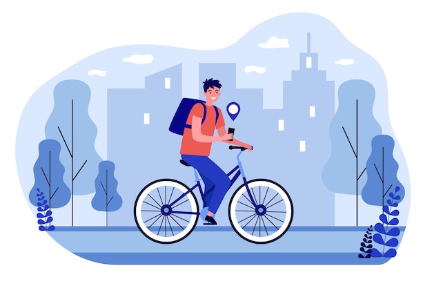 Gps를 사용하여 주문을 배달하는 자전거에 택배. 자전거를 타는 남자 배달원은 스마트폰 앱에서 온라인으로 제품 추적 주소를 받고 있습니다. 배달 서비스 개념입니다. 플랫 만화 벡터 일러스트 레이 션.