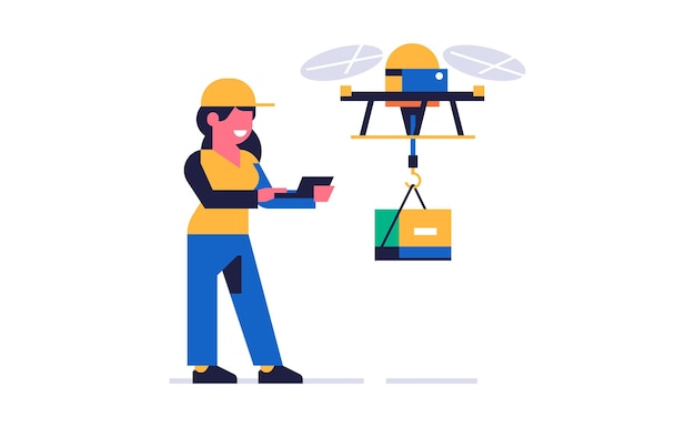 Курьерская онлайн-доставка посылок Курьер из службы доставки управляет летающим дроном с коробкой для заказов Счастливая женщина в рабочей форме Плоская векторная иллюстрация изолирована на заднем плане