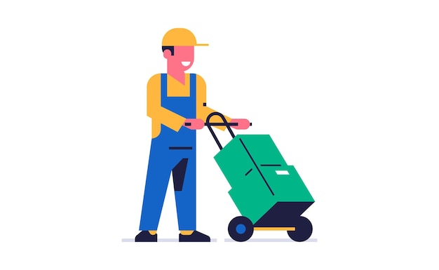 Courier online delivery of parcels A home delivery courier rolls a cart with boxes of orders Happy man in working uniform Flat vector illustration isolated on background