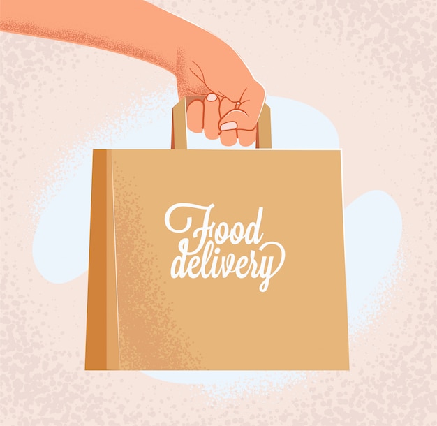 Vector courier outstretched hand holding craft paper bag with food delivery sign. delivery food banner concept. cartoon vintage styled  illustration