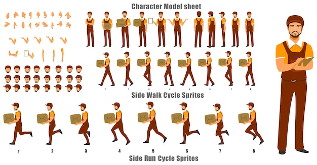 Courier person character model sheet with walk cycle and run cycle animation sequence