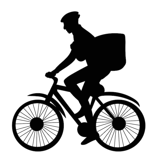 Il corriere cavalca una silhouette di bicicletta su un vettore di sfondo bianco