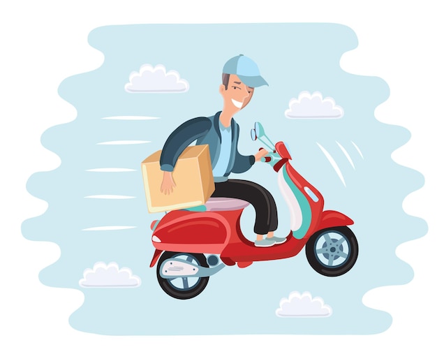 Courier rides on scooter colored and isolated