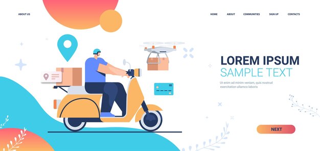 Courier on scooter delivering food or parcels express delivery service landing page