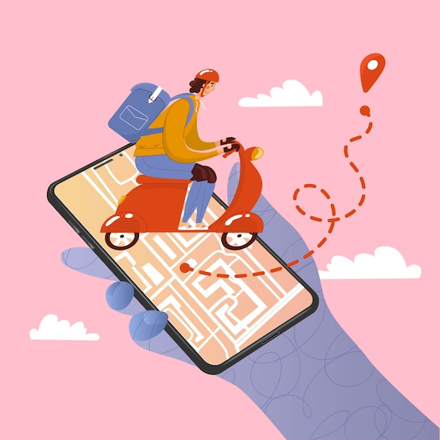 Courier on scooter is delivering order phone in hand and navigational map online shopping at home