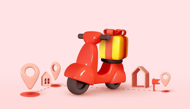 Servizio di corriere consegna. ideazione creativa. colore rosso scooter 3d realistico, scatole di cartone. è ora di fare acquisti. pagina di destinazione per il sito web. moto scooter e merci. illustrazione vettoriale