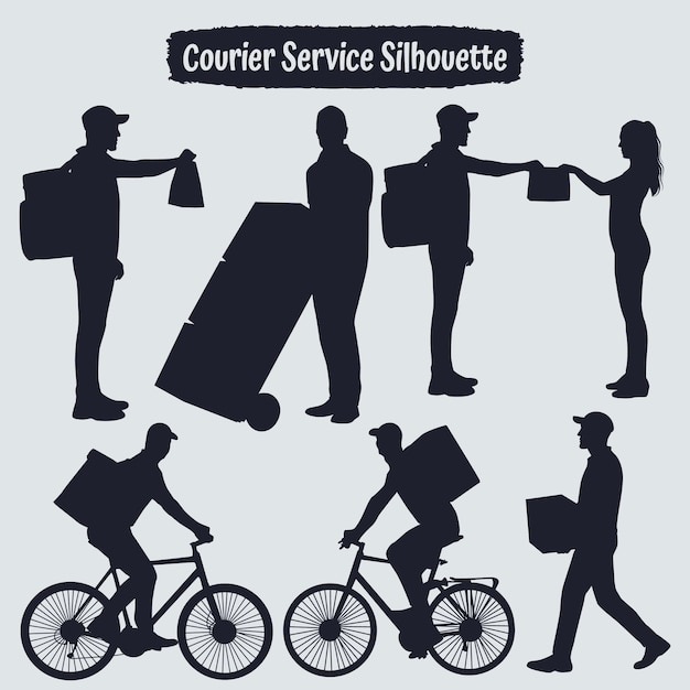 Courier service silhouettes and delivery man carrying boxes