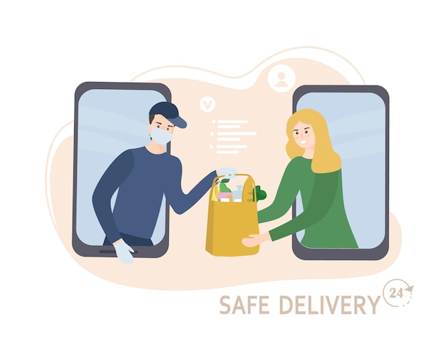 courier wearing a mask and gloves delivers food to the home