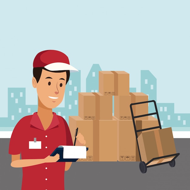 Courier with box on handtruck 