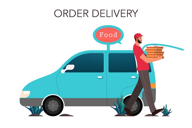 Courier with box. person in uniform driving a van. food delivery from food service. courier delivering an order.