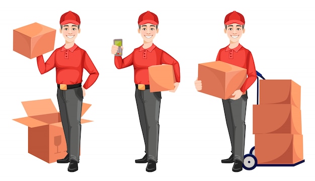 Courier with carton boxes, set of three poses