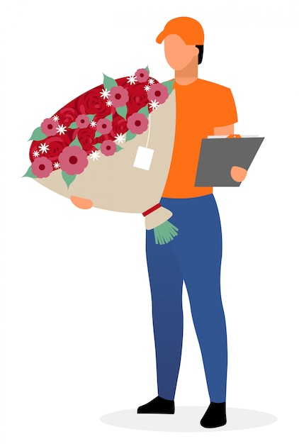 Courier with flowers flat vector character.