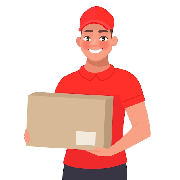 Courier with the parcel. a delivery man in red uniform holds a cardboard box in his hands.