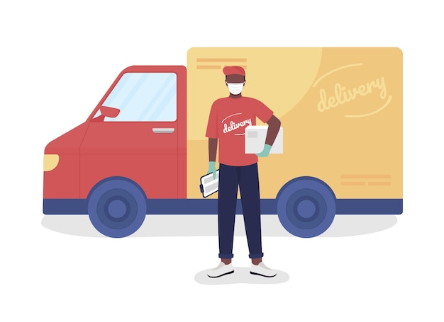 Vector courier with parcel and van semi flat color vector character. postman figure. full body person on white. delivery service isolated modern cartoon style illustration for graphic design and animation