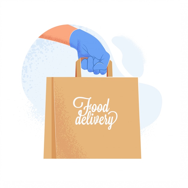 Vector couriers hand in blue protective glove holding delivery paper bag with food. safe food delivery service during covid-19 quarantine.  illustration