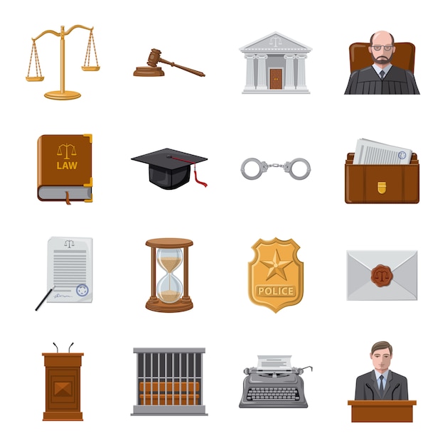 Vector court cartoon icon set, court and law.