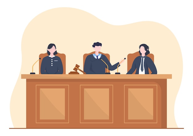 Судебная иллюстрация есть решение правосудия и адвокат с деревянным молотком судьи