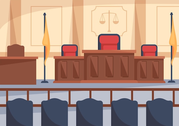 Vettore illustrazione della corte c'è la decisione della giustizia e l'avvocato con il martello del giudice di legno