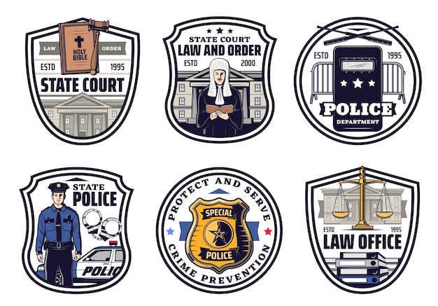 Vector court judge police and justice scale icons