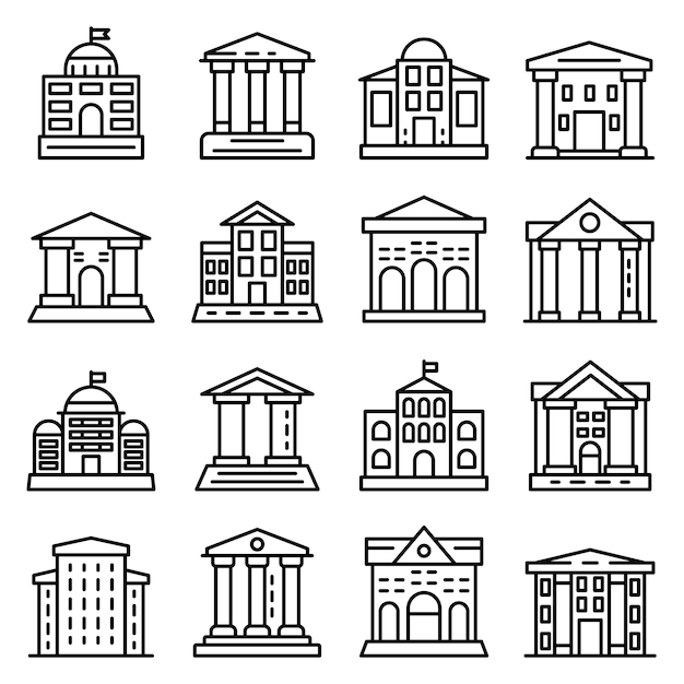 Courthouse icons set, outline style