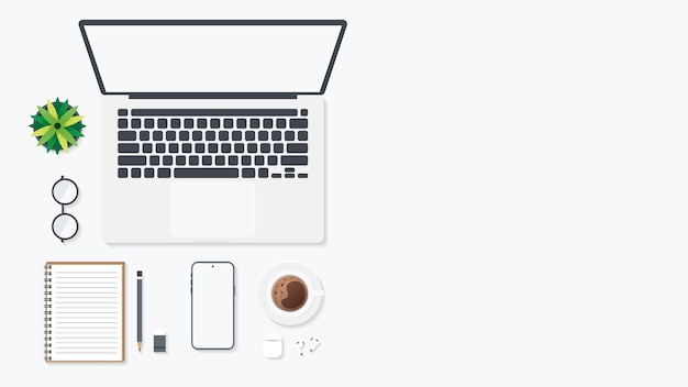 Cover and banner of working desk with gadget Top view of table working and free space for text
