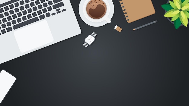 Vector cover and banner of working desk with gadget top view of table working and free space for text