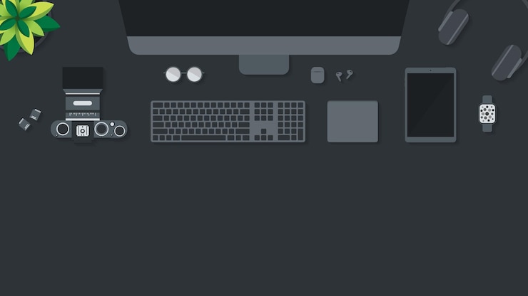 Vector cover and banner of working desk with gadget top view of table working and free space for text