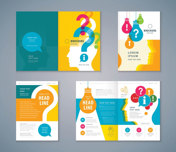 Vector cover boek ontwerpset, kleurrijke menselijk hoofd met gloeilamp en vraagteken achtergrond
