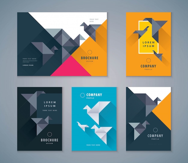 Vector cover book design set, paper bird background template brochures