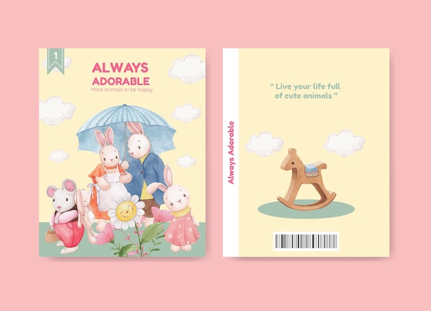 Cover book template with adorable animals concept,watercolor style