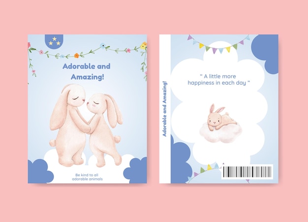 Modello di copertina del libro con il concetto di adorabili animali, stile acquerello