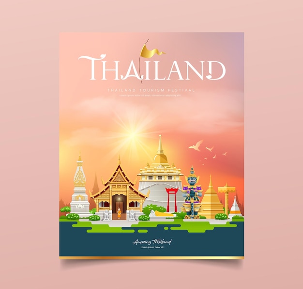 Vector cover book thailand architecture tourism festival design on cloud and sky sunset orange background