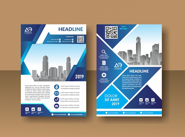 cover design annual report magazine flyer or booklet in A4 with blue geometric shapes