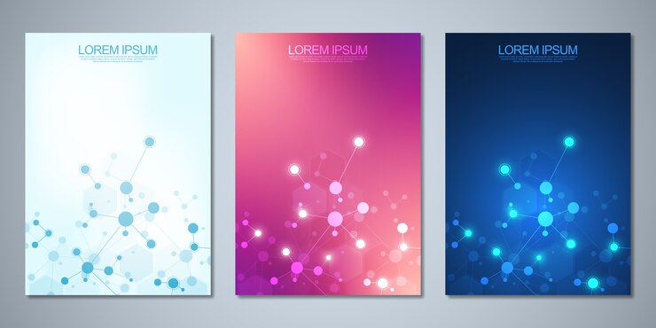 Vector cover design,  flyer, with molecules and neural network.  science and technology concept.